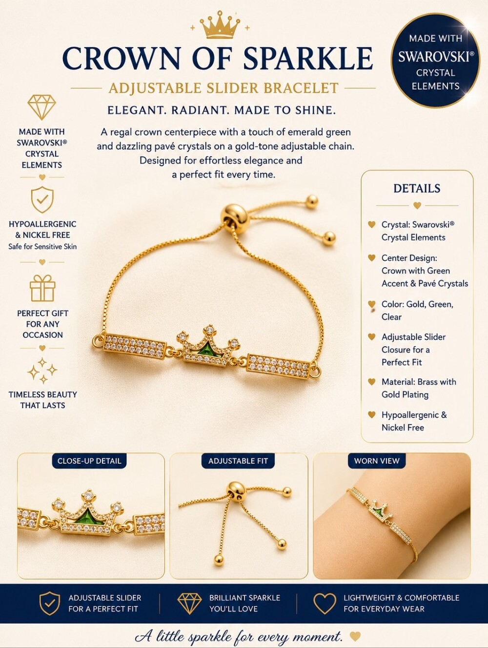 Gold Adjustable Bracelet with Green Accents